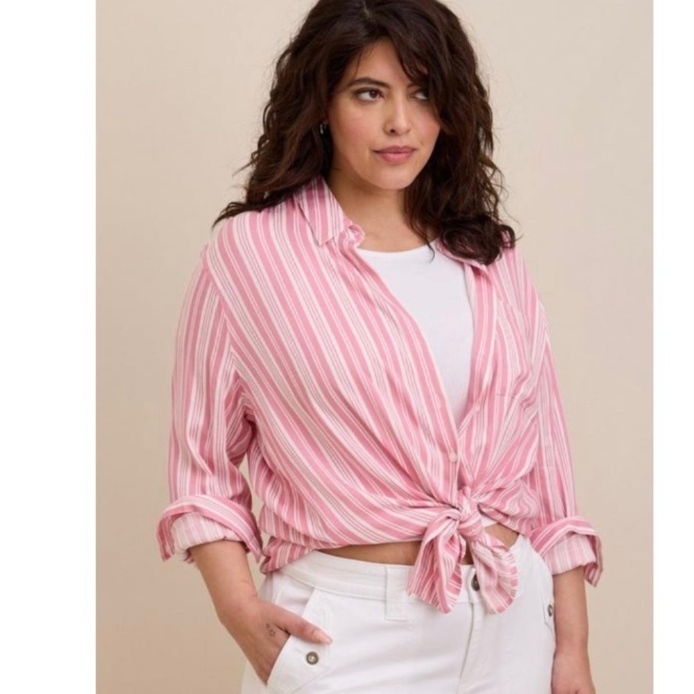 Torrid Pink White Striped Button Down Shirt 2X Rayon Slub Drop Shoulder Casual - Picture 5 of 7